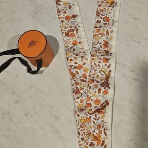 Hermes Floral Orange & Yellow Silk Twilly Scarf